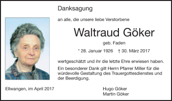 Traueranzeige von Waltraud Göker von Schwäbische Post