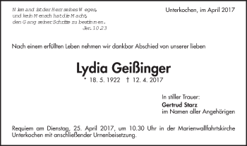 Traueranzeige von Lydia Geißinger von Schwäbische Post