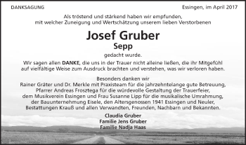 Traueranzeige von Josef Gruber von Schwäbische Post
