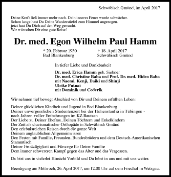 Traueranzeige von Egon Wilhelm Paul Hamm von Gmünder Tagespost
