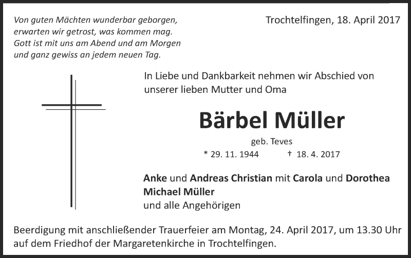  Traueranzeige für Bärbel Müller vom 20.04.2017 aus Schwäbische Post