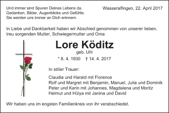 Traueranzeige von Lore Köditz von Schwäbische Post