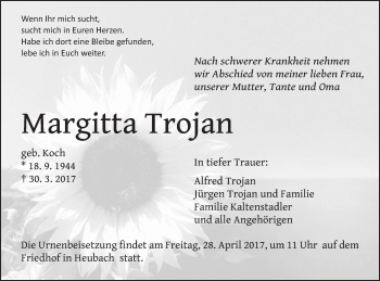 Traueranzeige von Margitta Trojan von Gmünder Tagespost
