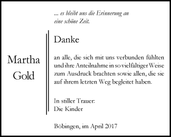 Traueranzeige von Martha Gold von Gmünder Tagespost
