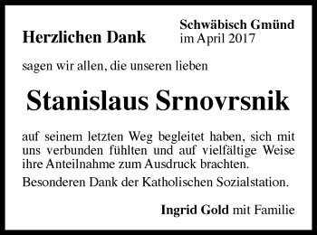 Traueranzeige von Stanislaus Srnovrsnik von Gmünder Tagespost