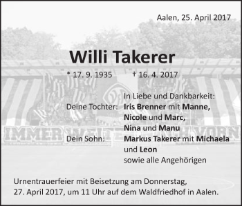 Traueranzeige von Willi Takerer von Schwäbische Post