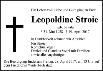 Traueranzeige von Leopoldine Stroie von Gmünder Tagespost