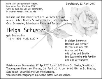 Traueranzeige von Helga Schuster von Gmünder Tagespost