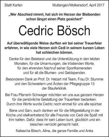 Traueranzeige von Cedric Bösch von Gmünder Tagespost