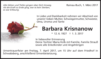 Traueranzeige von Barbara Krisnanow von Schwäbische Post