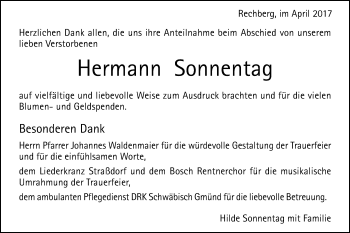 Traueranzeige von Hermann Sonnentag von Gmünder Tagespost