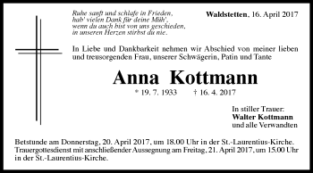 Traueranzeige von Anna Kottmann von Gmünder Tagespost