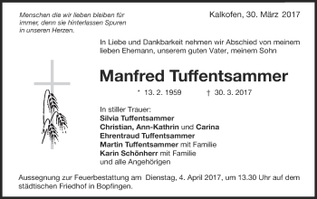 Traueranzeige von Manfred Tuffentsammer von Schwäbische Post