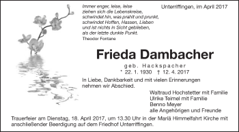 Traueranzeige von Frieda Dambacher von Schwäbische Post
