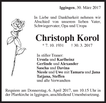 Traueranzeige von Christoph Korol von Gmünder Tagespost