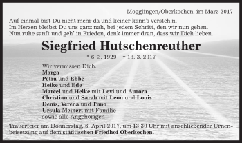 Traueranzeige von Siegfried Hutschenreuther von Schwäbische Post