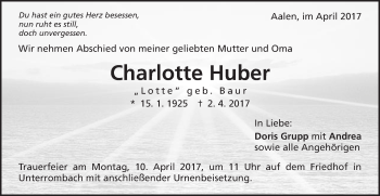 Traueranzeige von Charlotte Huber von Schwäbische Post
