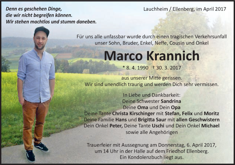  Traueranzeige für Marco Krannich vom 04.04.2017 aus Schwäbische Post