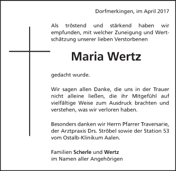 Traueranzeige von Maria Wertz von Schwäbische Post