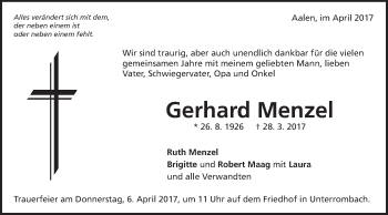 Traueranzeige von Gerhard Menzel von Schwäbische Post