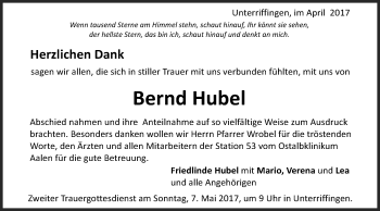 Traueranzeige von Bernd Hubel von Schwäbische Post