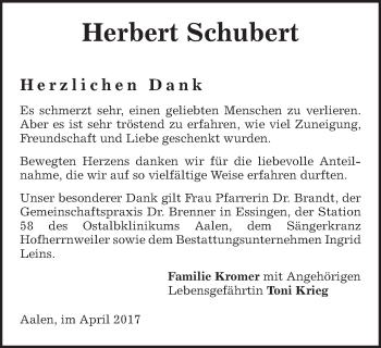 Traueranzeige von Herbert Schubert von Schwäbische Post