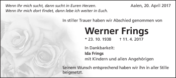 Traueranzeige von Werner Frings von Schwäbische Post