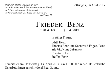 Traueranzeige von Frieder Benz von Gmünder Tagespost