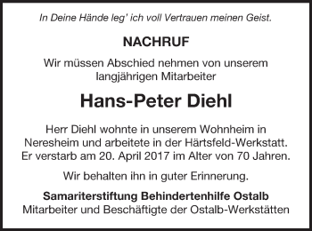 Traueranzeige von Hans-Peter Diehl von Schwäbische Post