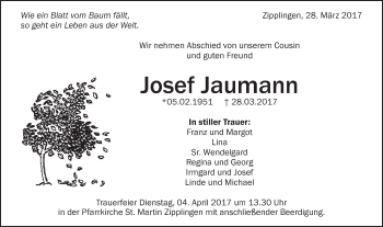 Traueranzeige von Josef Jaumann von Schwäbische Post