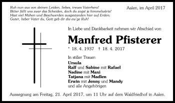 Traueranzeige von Manfred Pfisterer von Schwäbische Post