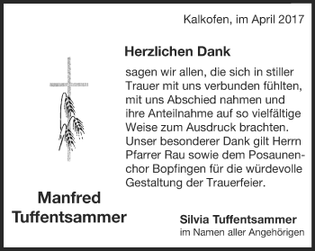 Traueranzeige von Manfred Tuffentsammer von Schwäbische Post