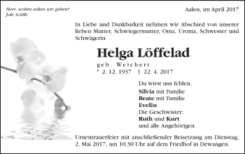 Traueranzeige von Helga Löffelad von Schwäbische Post