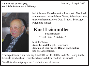 Traueranzeige von Karl Leinmüller von Gmünder Tagespost