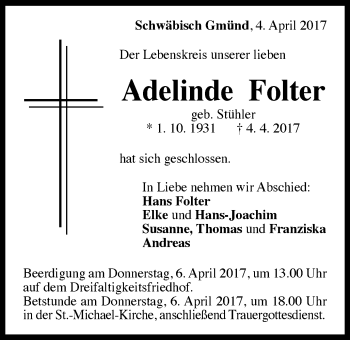 Traueranzeige von Adelinde Folter von Gmünder Tagespost