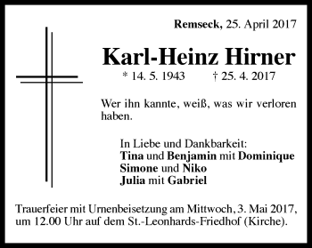 Traueranzeige von Karl-Heinz Hirner von Gmünder Tagespost