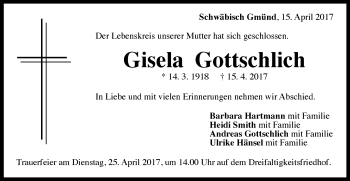 Traueranzeige von Gisela Gottschlich von Gmünder Tagespost