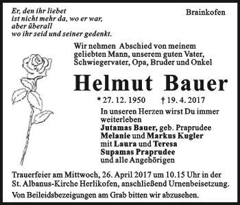 Traueranzeige von Helmut Bauer von Gmünder Tagespost