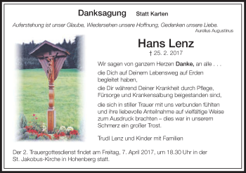 Traueranzeige von Hans Lenz von Schwäbische Post