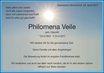 Traueranzeige von Philomena Veile von Schwäbische Post
