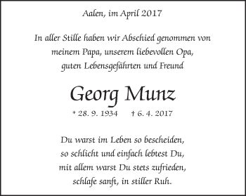 Traueranzeige von Georg Munz von Schwäbische Post
