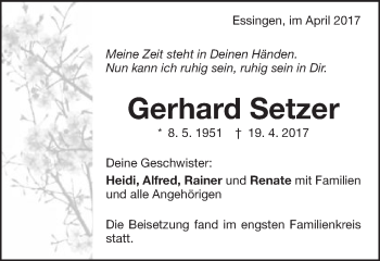 Traueranzeige von Gerhard Setzer von Schwäbische Post