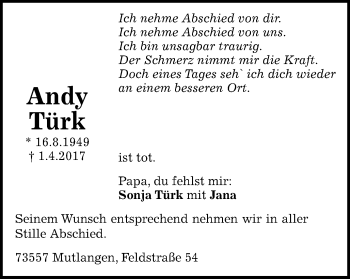 Traueranzeige von Andy Türk von Gmünder Tagespost