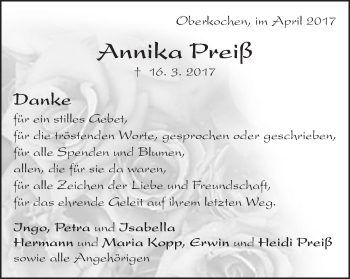 Traueranzeige von Annika Preiß von Amtsblatt_Oko