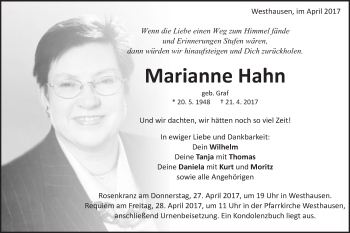 Traueranzeige von Marianne Hahn von Schwäbische Post