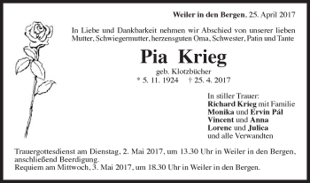 Traueranzeige von Pia Krieg von Gmünder Tagespost