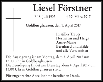 Traueranzeige von Liesel Förstner von Schwäbische Post