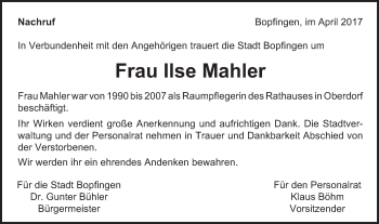 Traueranzeige von Ilse Mahler von Bopfinger Stadtanzeiger
