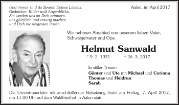 Traueranzeige von Helmut Sanwald von Schwäbische Post