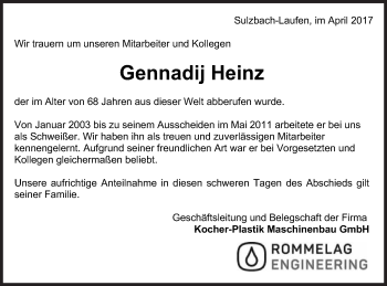 Traueranzeige von Gennadij Heinz von Gmünder Tagespost